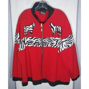 Vintage 80s Silver Threads Zebra Novelty Full Zip Jacket Red Plus Size 2X Retro